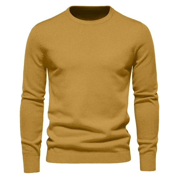 Elvqul Mens Sweater Crewneck Fall Winter Solid Color Yellow Pullover Sweater for Men Long Sleeve