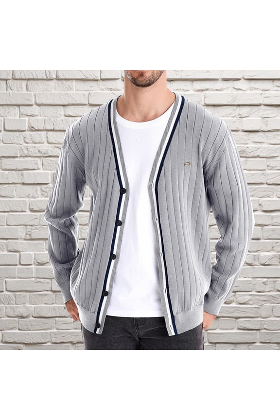 Mens Sweater Gray Cotton Long Sleeve Cardigan Sweater for Men Stretchy