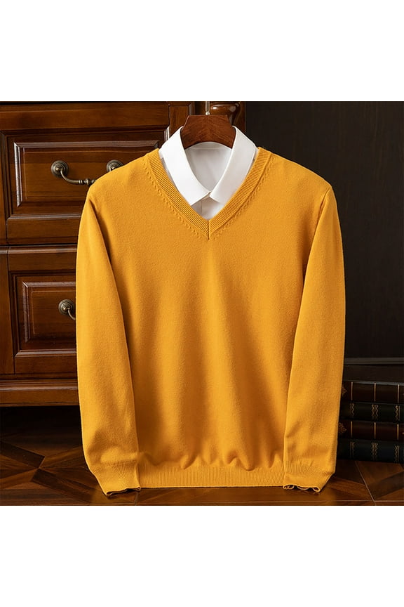 Mens Sweater Yellow V Neck Plain Pullover Sweater for Men