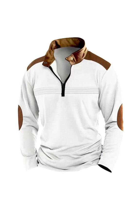 Mens Zip up front Sweatshirts Plain Long Sleeve Crewneck Sweatshirts for Men White