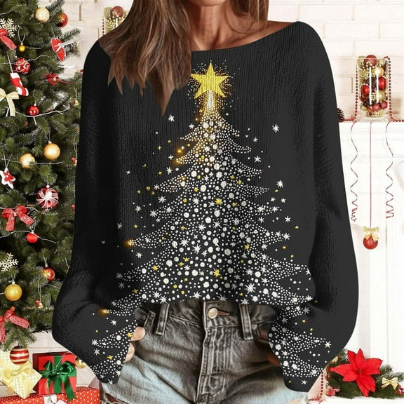Hipattires Merry Christmas! Long Sleeve Tops for Women Fleece Warm Thick Christmas Pullover Graphic Printed , Festival Knitting Cotton Ladies Shirts Fashion