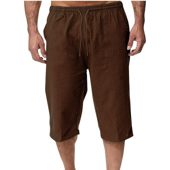 Elvqul Pants for Men Brown Cotton Linen Drawstring Breathable Mens Pants