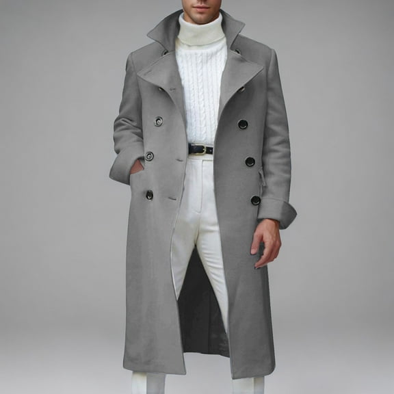 Elvqul Peacoat for Men Stylish Double Breasted Outerwear Big and Tall Coats Wool Winter Gray Mens Jacket