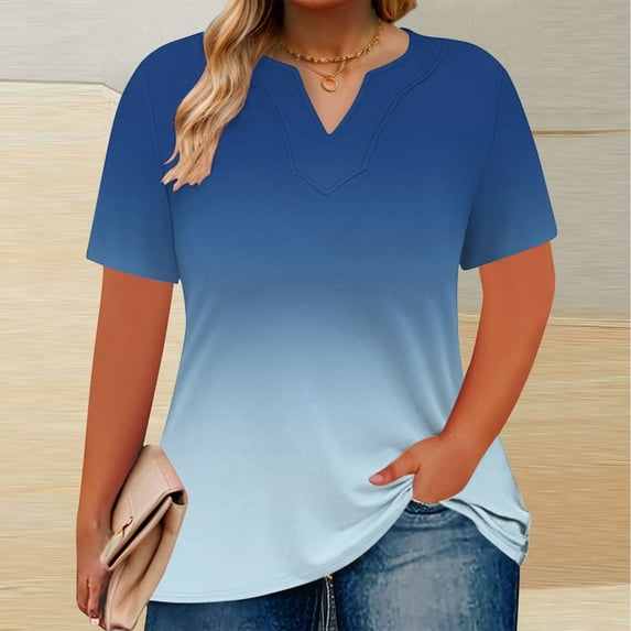 Hipattires Plus Size Blouses for Women Gradient Print V-Neck Trendy T-Shirts Short Sleeve Beach Tops Navy Juniors Blouses