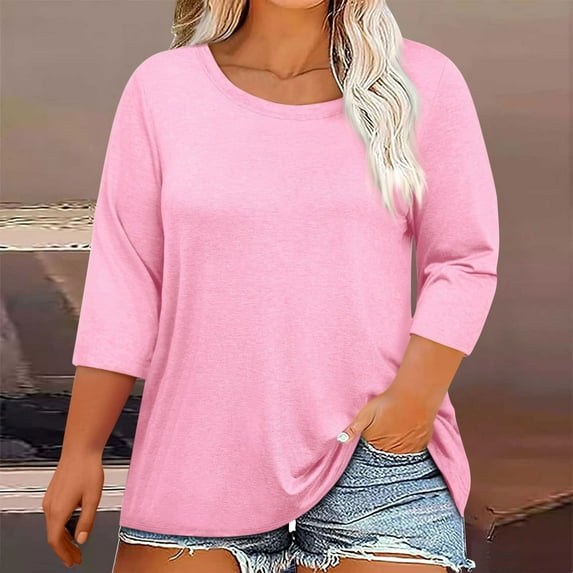 Hipattires Plus Size Tops Women Summer Pink Trendy T-Shirts Crew Neck Cotton Blouses Print Long Sleeve Tops
