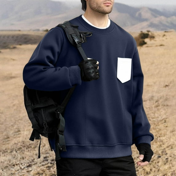 Hipattires Pocket Shirts for Men Sweatshirts Long Sleeve Pullover Solid Color , Loose Spring/Winter Crew Neck Mens Shirts