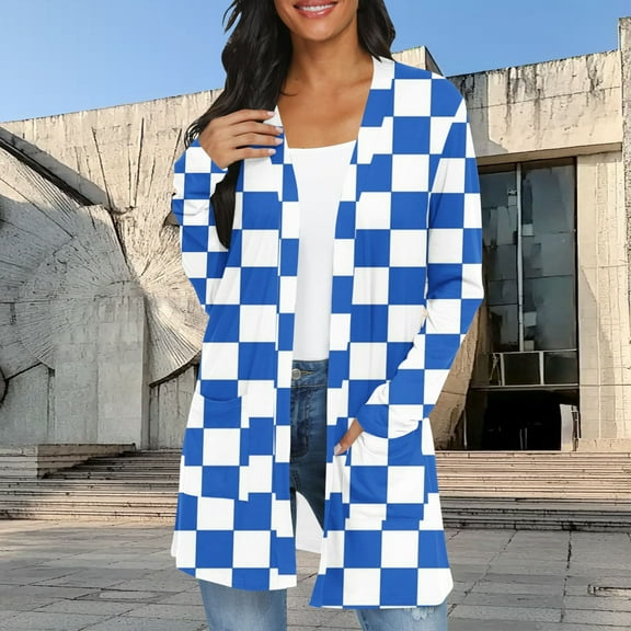 Elvqul Print Sweater for Women Sweater Long Sleeve with Pockets Summer Light Blue Lightweight Womens Cardigans