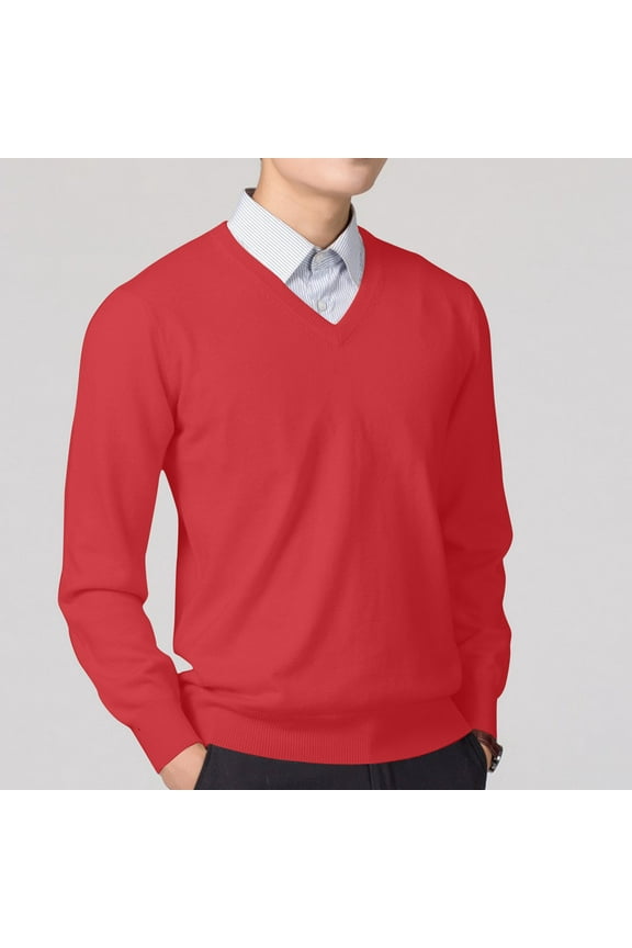 Pullover Sweater for Men Big and Tall Red V Neck Mens Sweater Plain
