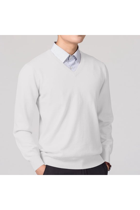 Pullover Sweater for Men Lightweight V Neck White Solid Color Big and Tall Mens Sweater
