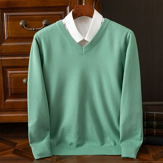 Elvqul Pullover Sweater for Men V Neck Green Stretchy Mens Sweater