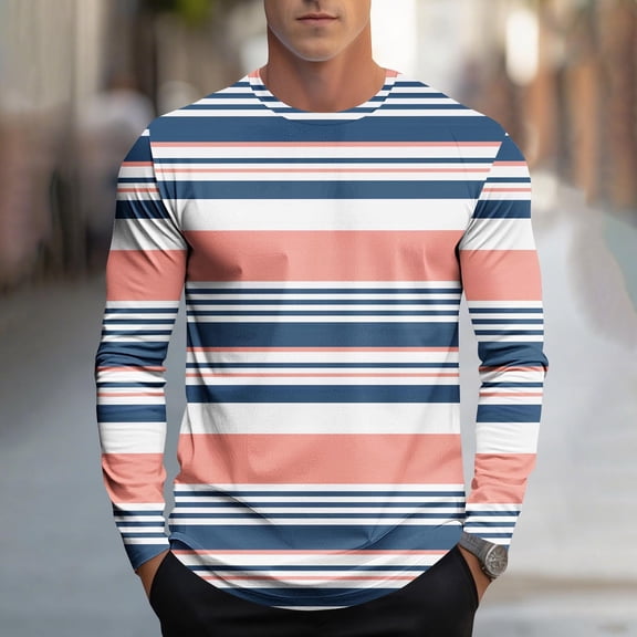 Vetsdori Shirts for Men Long Sleeves Big and Tall, Striped Winter Crew Neck Pullover Graphics, Casual Trendy Fashion