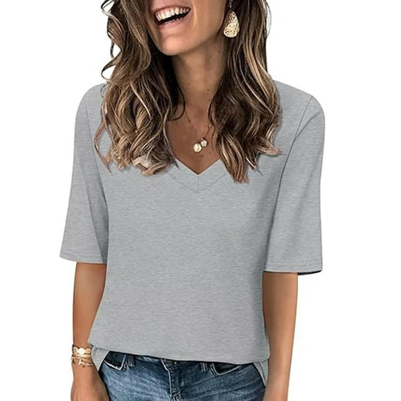 Elvqul Shirts for Women Gray Plain Blouses V-Neck 3/4 Sleeve Spring Pullover Womens Tops Dressy