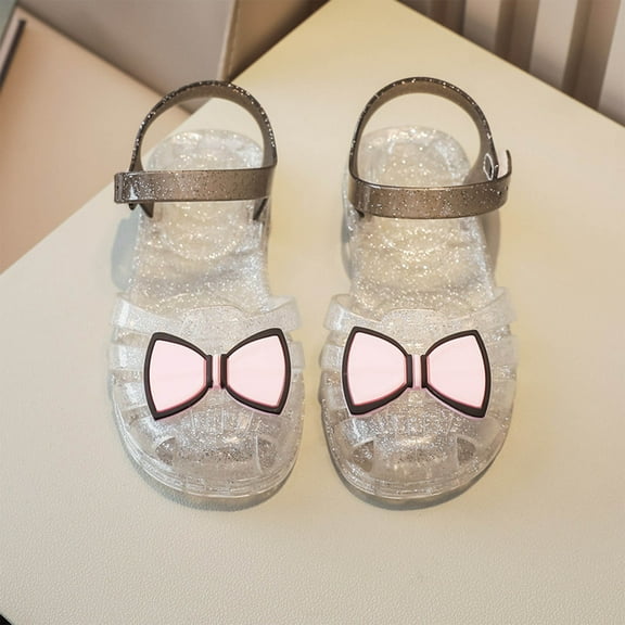 Hipattires Silver Sandals for Toddler Girls Plastic Bow Easy on Girls Shoes