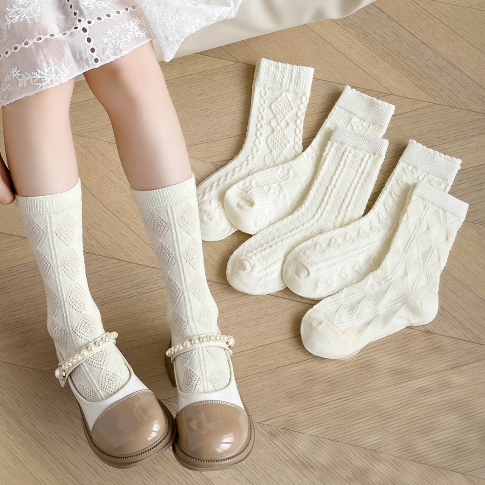 Hipattires Socks for Kids Girls White Cotton Comfy Mid Calf 5 Pairs Socks