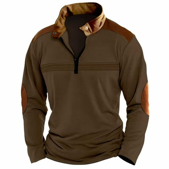 Elvqul Solid Sweatshirts for Men Zip up front Crewneck Brown Long Sleeve No Hood Mens Sweatshirts