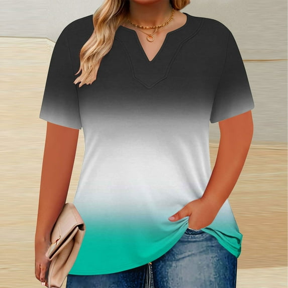 Hipattires Summer Tops for Women Green Basic V-Neck T-Shirts Plus Size Short Sleeve Under $5 Loose Gradient Print Blouses Tops