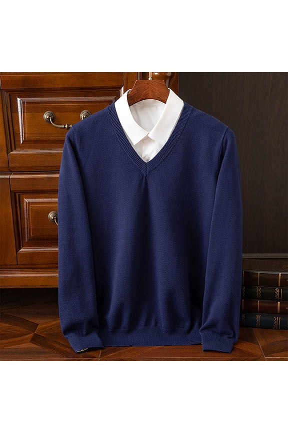 Elvqul Sweater for Men Navy V Neck Mens Pullover Sweater Solid Color