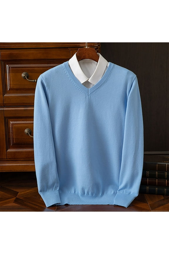 Sweater for Men V Neck Solid Color Mens Pullover Sweater Light Blue