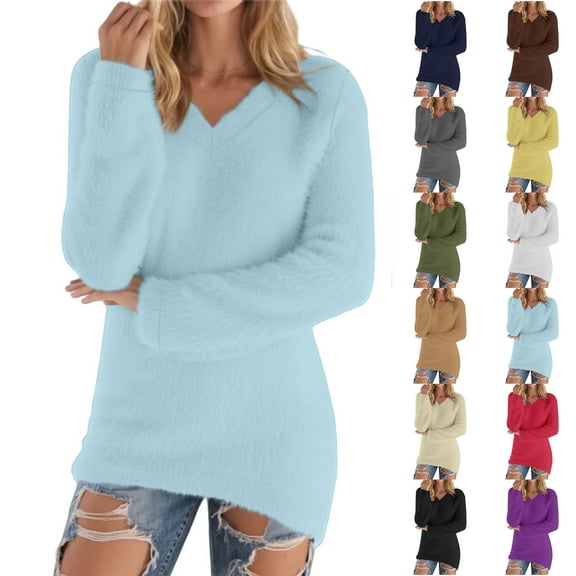Hipattires Tops for Women Fleece, Womens Sweaters, V Neck Long Sleeve Plain, Ribbed Soft Loose