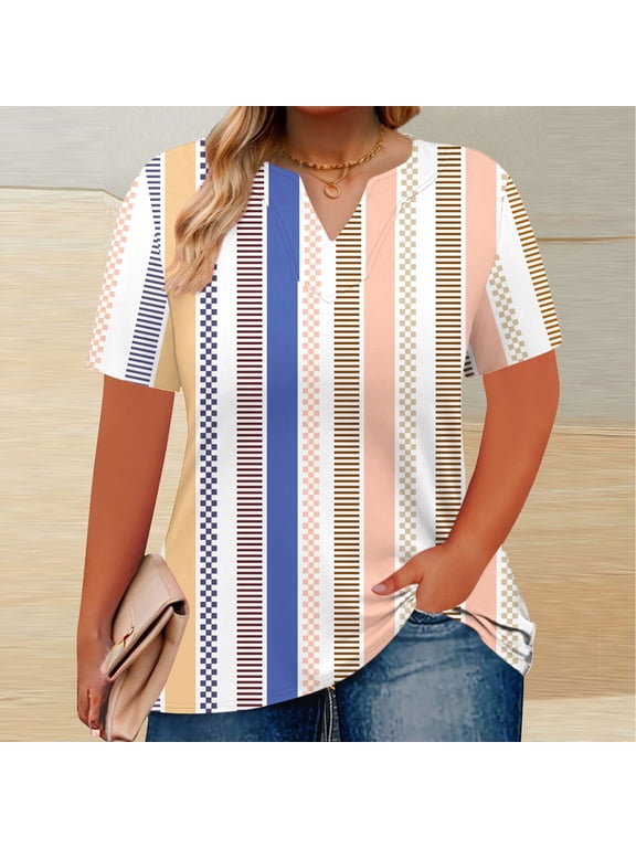 Trendy Tops Women White V-Neck Under $5 Plus Size T-Shirts Short Sleeve Loose Fit Beach Print Blouses Tops