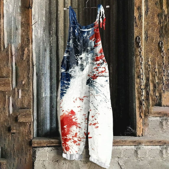 Elvqul Womens 4th of July Jumpsuits Patriotic with Pockets Blue American Flag Sleeveless Summer Jumpsuits for Women Independence