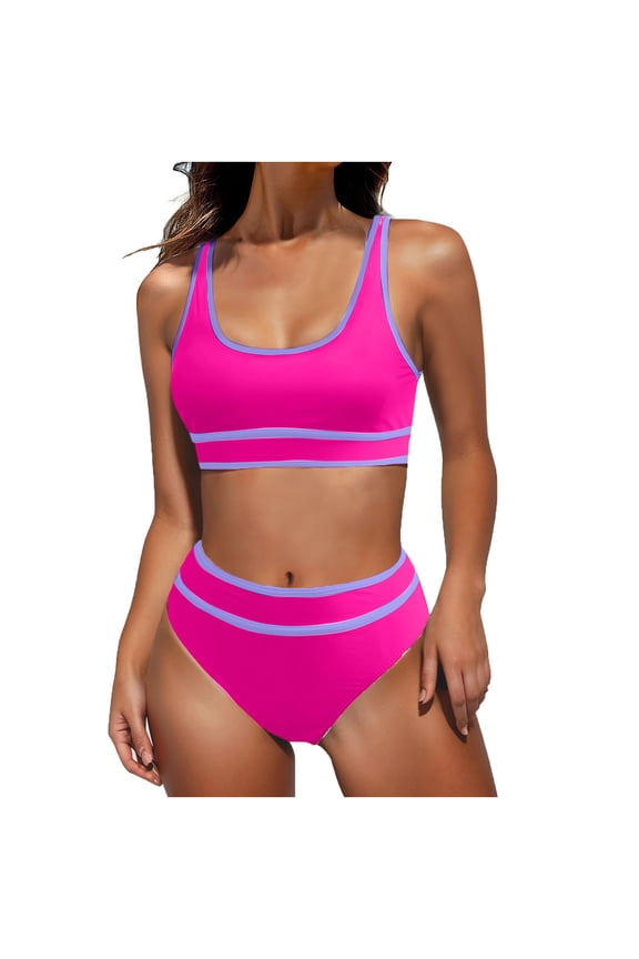Womens Athletic Bathing Suits 2 Piece Comfy with Molded Cups Bikini Sets Plain High Waisted Hot Pink Swimwear Clearance Ladies Swimsuits