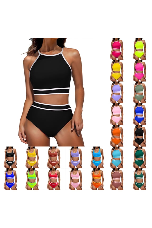 Womens Bathing Suits Fashion Beach 2 Piece Black Bikini Sets Plain Plus Size High Waisted Swimwear Swimsuits