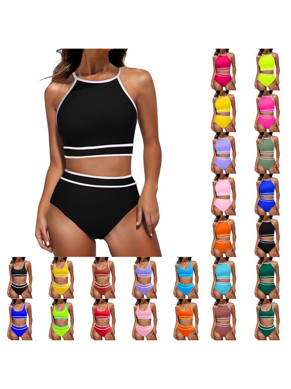 Womens Bathing Suits Fashion Beach 2 Piece Black Bikini Sets Plain Plus Size High Waisted Swimwear Swimsuits