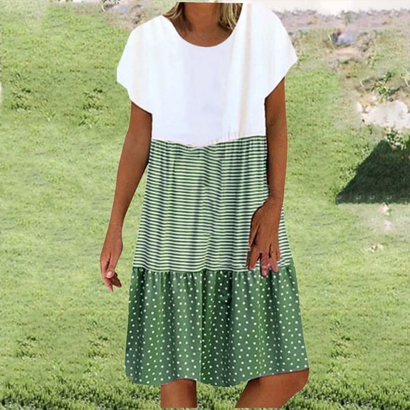 Hipattires Womens Dresses Plus Size Patchwork Midi Dresses Green Pullover Short Sleeve V-Neck Summer Casual Dresses