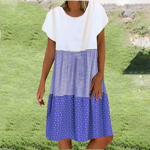 Hipattires Womens Dresses Short Sleeve Plus Size V-Neck Midi Dresses Pullover Blue Patchwork Summer Casual Dresses