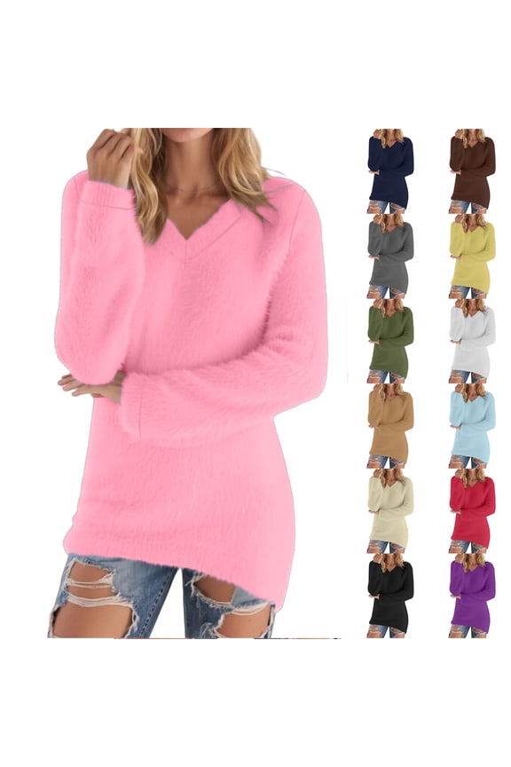 Womens Fleece Tops, Sweaters for Women, V Neck Long Sleeve Solid, Ribbed Soft Loose
