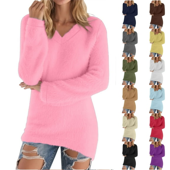 Hipattires Womens Fleece Tops, Womens Sweaters, V Neck Long Sleeve Plain, Ribbed Soft Loose