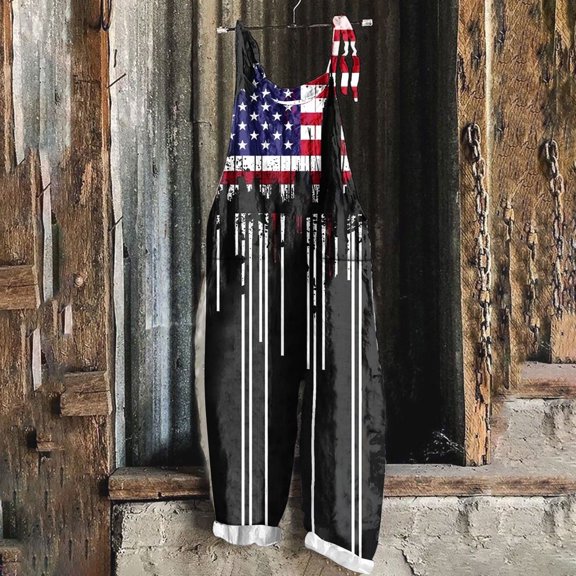 Elvqul Womens Jumpsuits American Flag Independence Fourth of July Blue Sleeveless Casual with Pockets Jumpsuits for Women