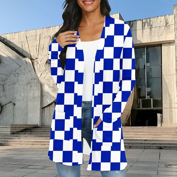 Elvqul Womens Long Sleeve Cardigans Blue Cardigans Trendy Open Front with Pockets Printed Sweaters for Juniors
