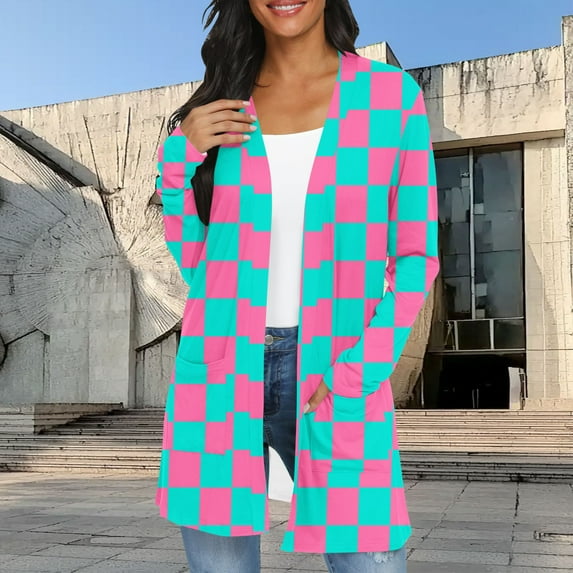 Elvqul Womens Long Sleeve Sweater Graphic Dressy Sweater Hot Pink with Pockets Cardigans for Women Open Front