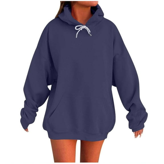 Elvqul Womens Navy Hoodies Shirts with Pockets Solid Color Sweatshirts for Ladies Drop Shoulder