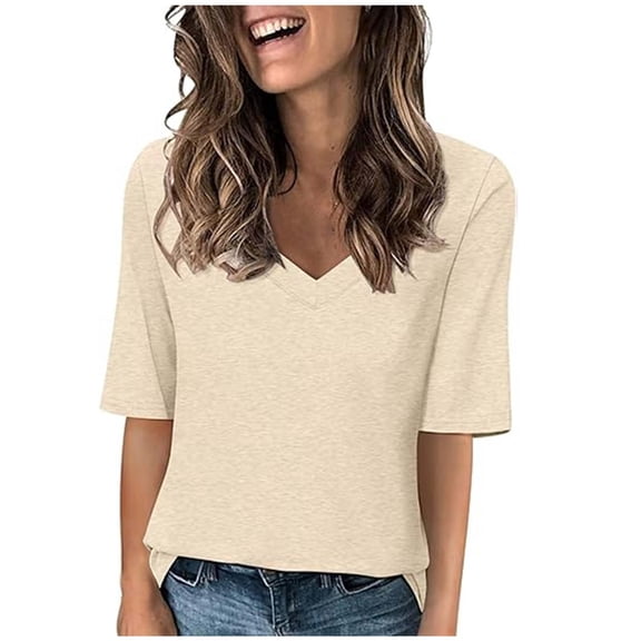 Elvqul Womens Plain Shirts 3/4 Sleeve Tops Casual Pullover Dressy V-Neck Blouses for Ladies