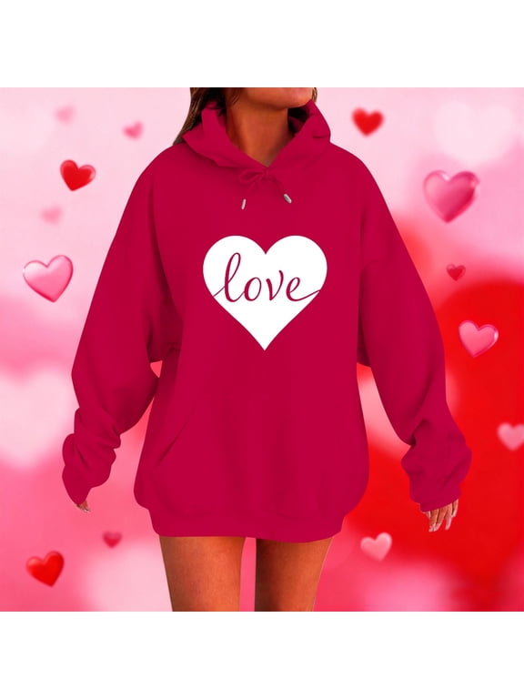 Womens Plus Size Sweatshirts Hooded Casual Long Sleeve Tops Soft Cute,Lightweight Gifts for Her Valentines Holiday Hoodie for Junior Pullover