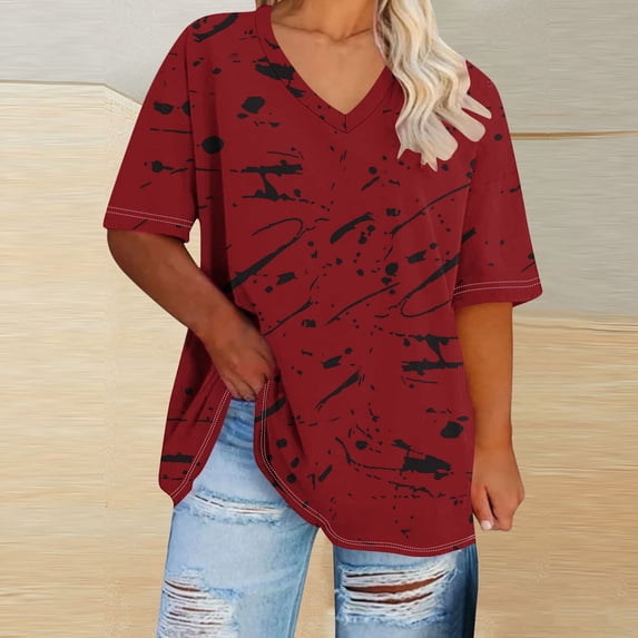 Hipattires Womens Plus Size T-Shirts Summer Beach Graphic V-Neck Tops Red Short Sleeve Blouses Dressy T-Shirts