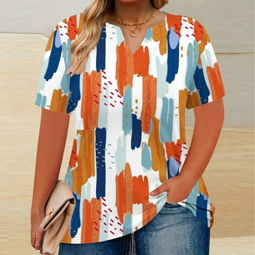 Hipattires Womens Plus Size Tops Graphic V-Neck T-Shirts Summer Beach Short Sleeve Orange Blouses Trendy Tops