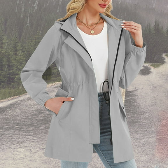 Elvqul Womens Raincoat Running Outerwear Hooded with Pockets Casual Waterproof Jacket for Women