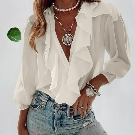 Elvqul Womens Shirts White Long Sleeve Blouses V-Neck Pullover Solid Tops for Ladies Dressy