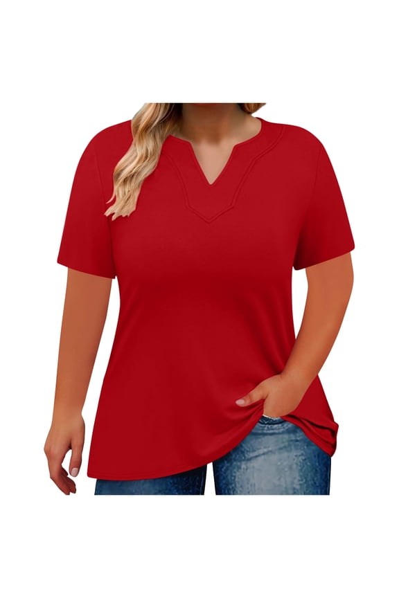 Womens Summer Blouses Loose Basic T-Shirts Plus Size Short Sleeve V-Neck Plain Tops Under $5 Red Blouses