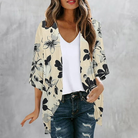 Elvqul Womens Sweater 3/4 Sleeve Sweater Casual Beige Pattern Summer Cardigans for Ladies