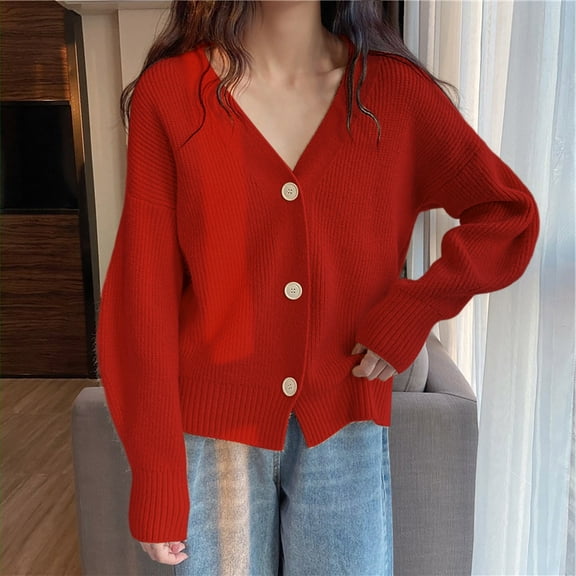 Elvqul Womens Sweater Knited Shirts Solid Color Work Red Sweater for Juniors