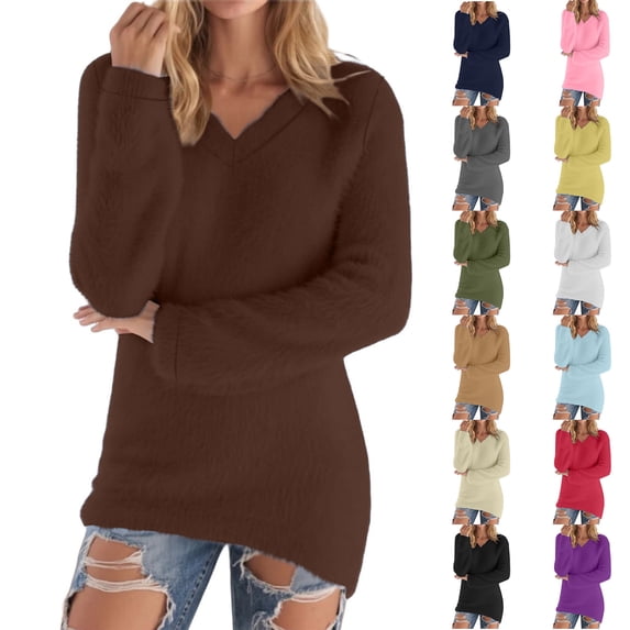 Hipattires Womens Tops Fleece, Womens Pullover Tops, V Neck Long Sleeve Plain, Ribbed Soft Loose