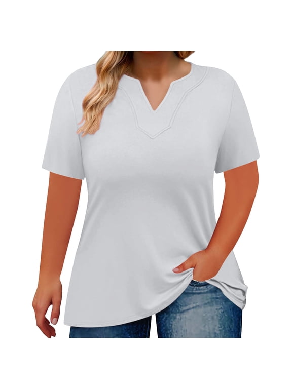 Womens V-Neck T-Shirts Solid Summer Short Sleeve Tops White Plus Size Oversized Blouses Basic Under $5 T-Shirts