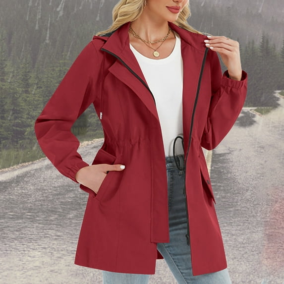 Elvqul Womens Waterproof Windbreaker Coats with Pockets Hooded Cute Red Raincoat for Women Running