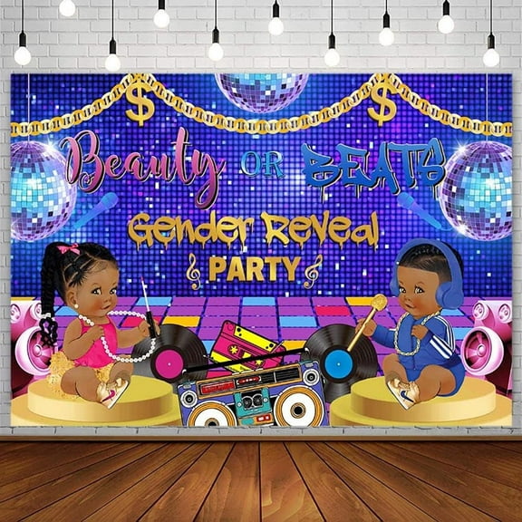Hiphop Gender Reveal Backdrop Boy Or Girl Beauty Or Beat Baby Shower Party Decorations Supplies Oldschool Music Retro Radio Disco Ball Banner Photography Background Cake Table Photo Props