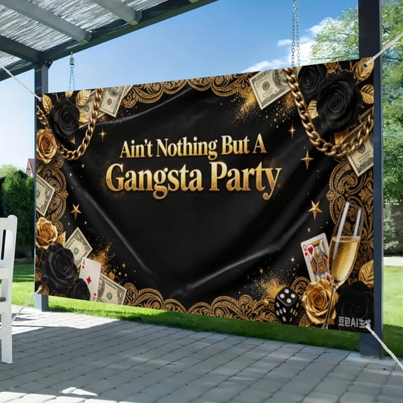 Hiphop Themed Gangsta Party Backdrop Black Gold Rap Homies Party Decorations Aint Nothing But A Gangsta 2000s Money Themed Party Supplies Photo Booth Props 3.6*5.9FT